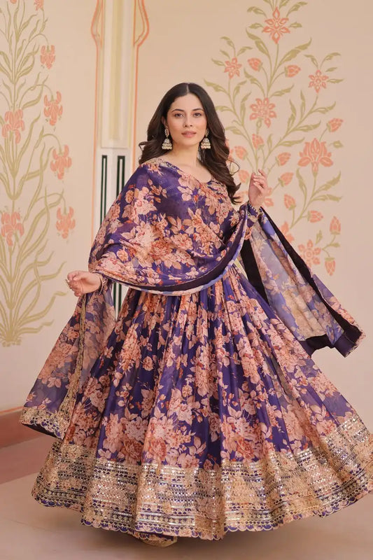 Mohini 9236 Floral Printed Russian Silk Digital Print Gown Dupatta With Embroidery Work