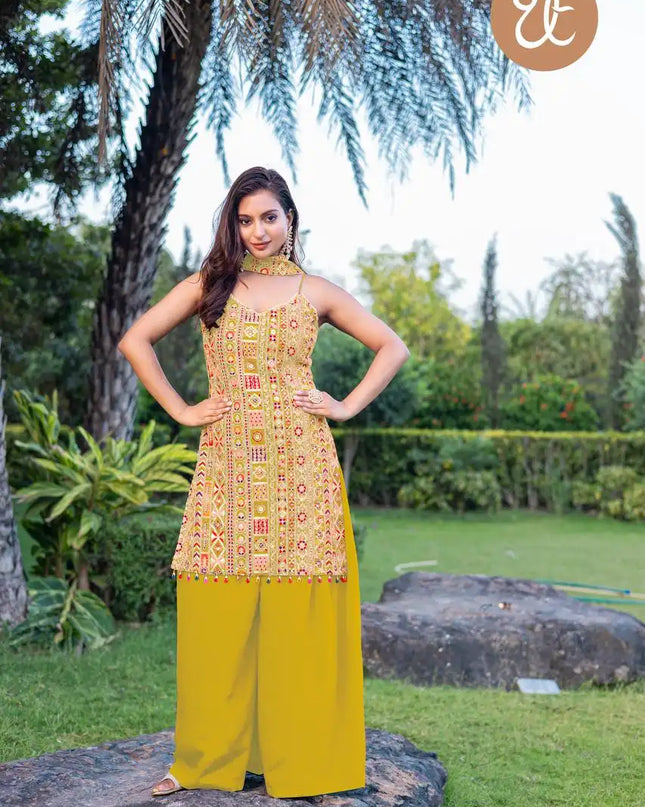Threadthrill Vol 8 Chinon Western Yellow Color Plazo Kurti Dupatta