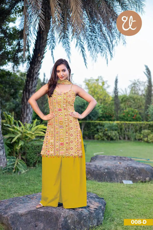 Threadthrill Vol 8 Chinon Western Yellow Color Plazo Kurti Dupatta