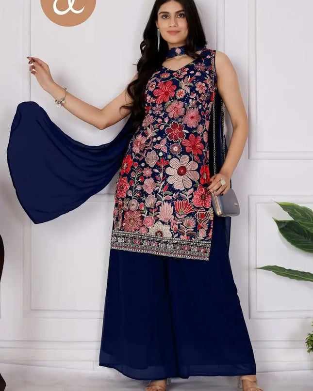 Threadthrill Vol 7 Georgette Blue Color Western Plazo Top With Dupatta