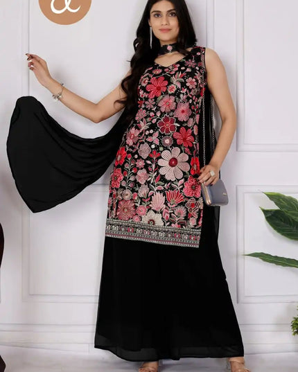 Threadthrill Vol 7 Georgette Black Color Western Plazo Top With Dupatta