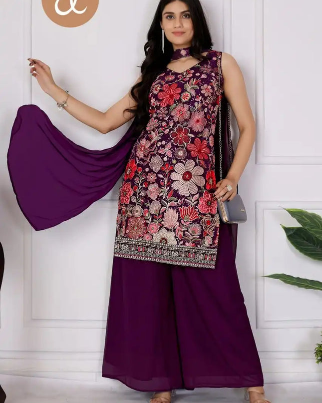 Threadthrill Vol 7 Georgette Purple Color Western Plazo Top With Dupatta