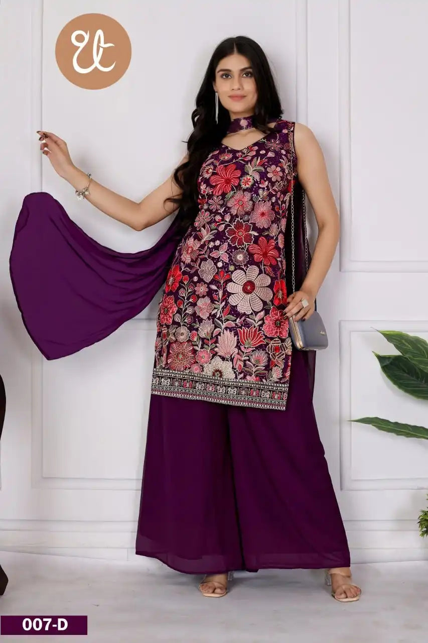 Threadthrill Vol 7 Georgette Purple Color Western Plazo Top With Dupatta
