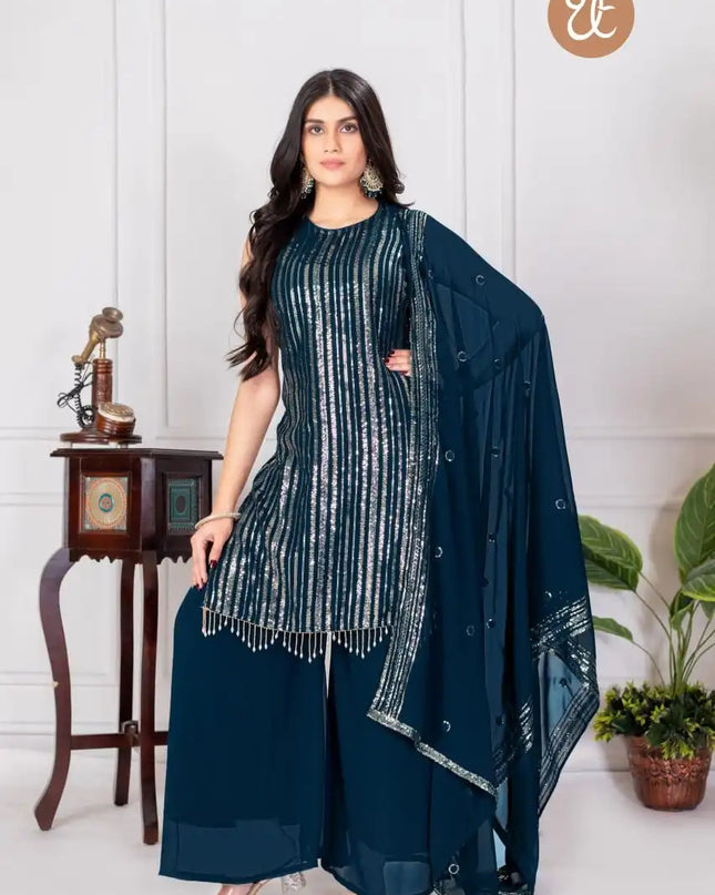 Threadthrill Vol 6 Georgette Navyblue Color Plazo Kurti Sequence Work