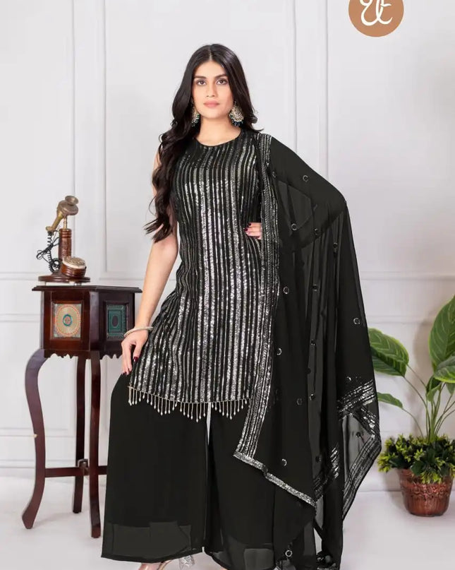Threadthrill Vol 6 Georgette Black Color Plazo Kurti Sequence Work