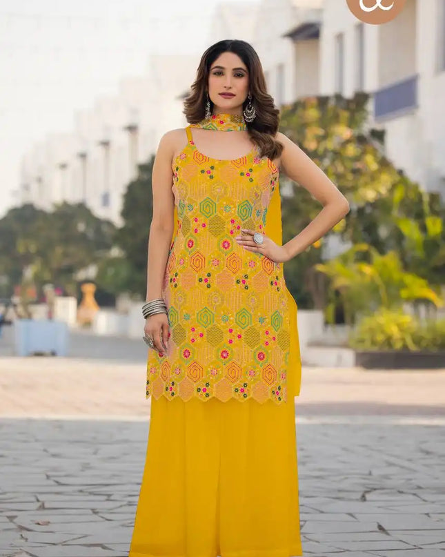 Threadthrill Vol 5 Chinon Western Yellow Color Plazo Kurti Dupatta