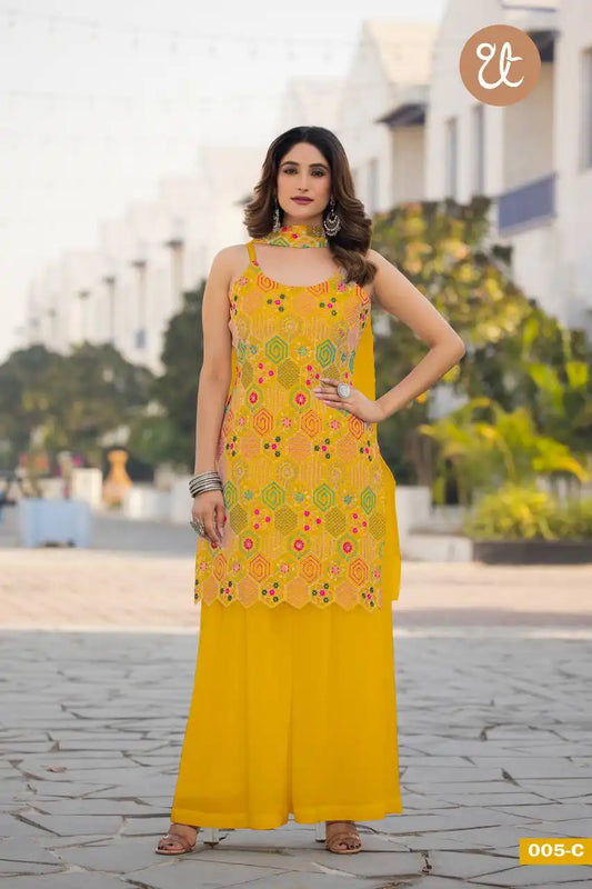 Threadthrill Vol 5 Chinon Western Yellow Color Plazo Kurti Dupatta