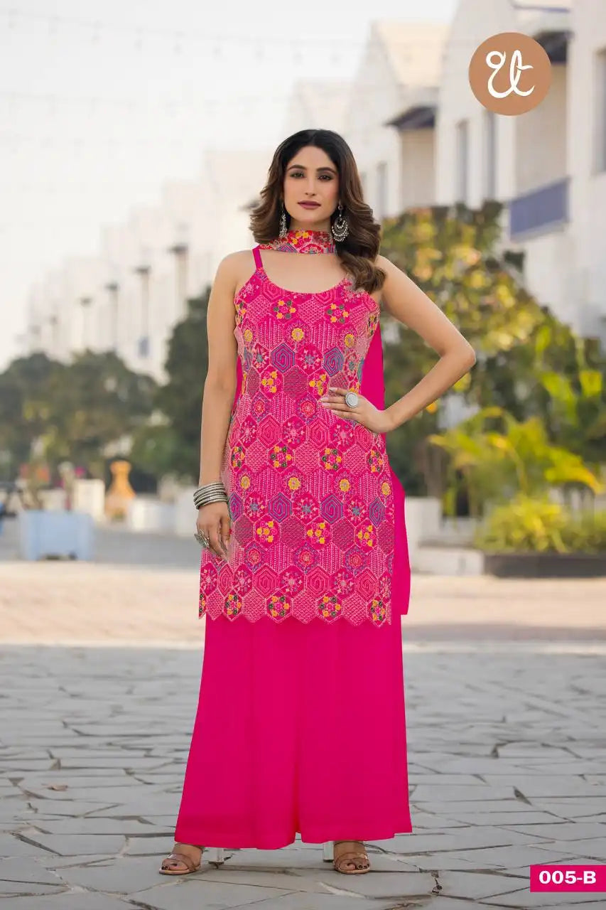 Threadthrill Vol 5 Chinon Western  Ruby Color Plazo Kurti Dupatta