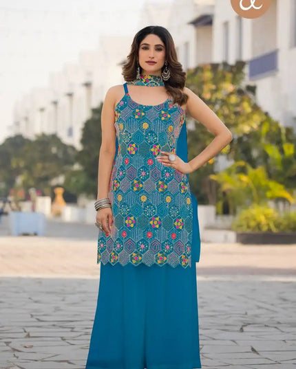 Threadthrill Vol 5 Chinon Western  Skyblue Color Plazo Kurti Dupatta