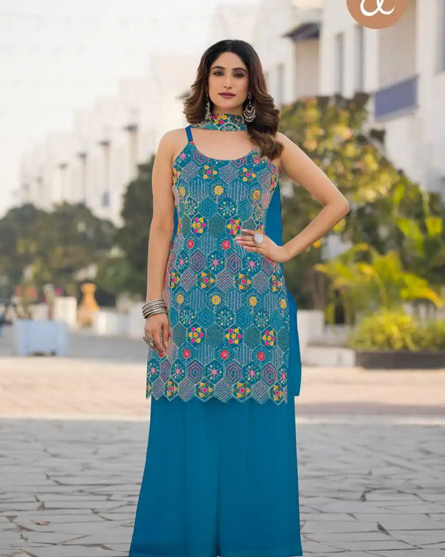 Threadthrill Vol 5 Chinon Western  Skyblue Color Plazo Kurti Dupatta