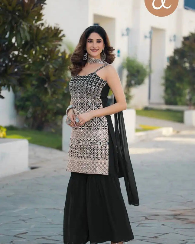 Threadthrill Vol 4 Georgette Black Color Plazo Kurti Sequence Embroidered Work