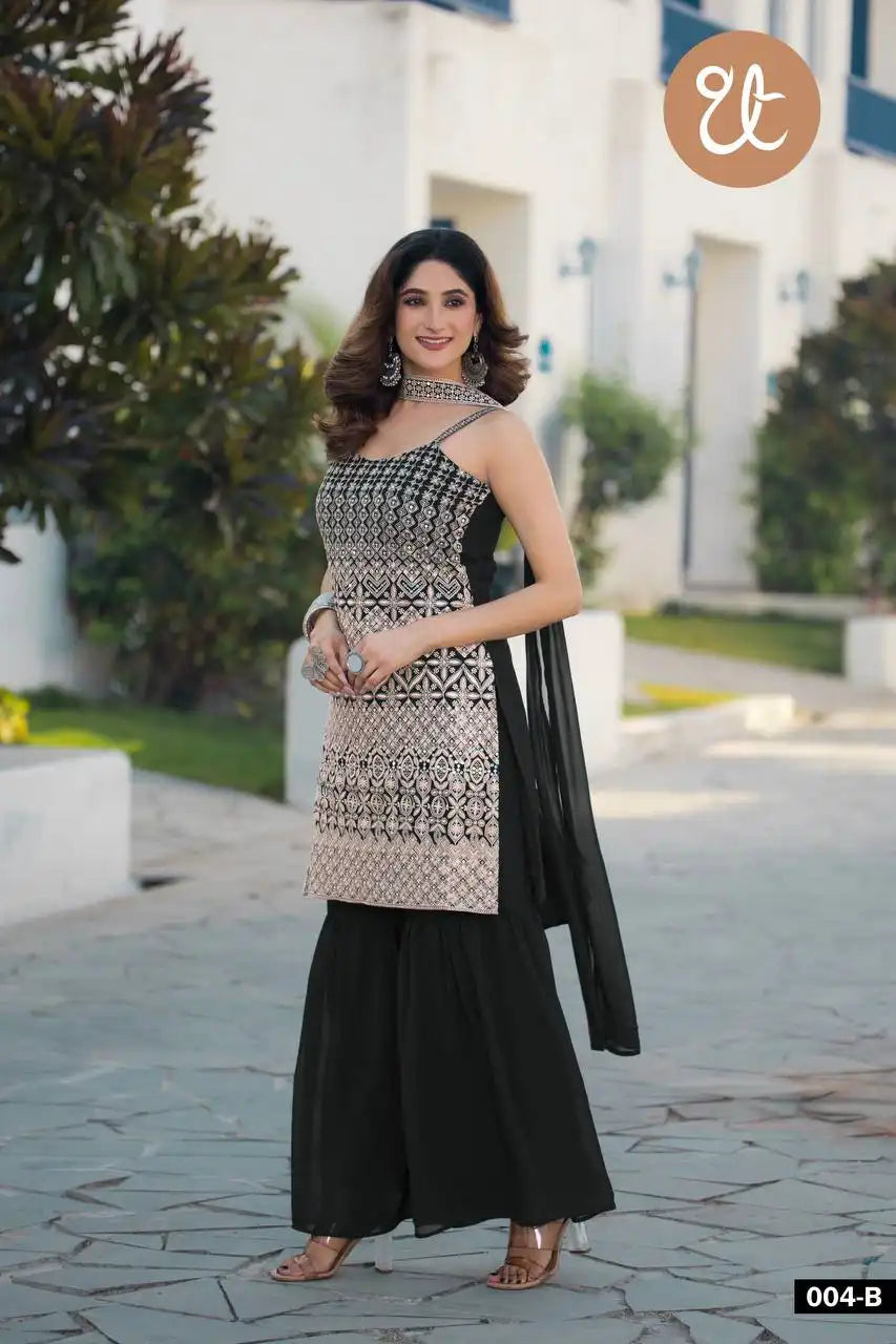 Threadthrill Vol 4 Georgette Black Color Plazo Kurti Sequence Embroidered Work