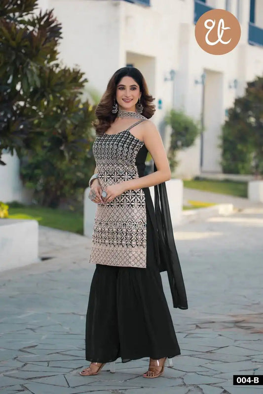 Threadthrill Vol 4 Georgette Black Color Plazo Kurti Sequence Embroidered Work
