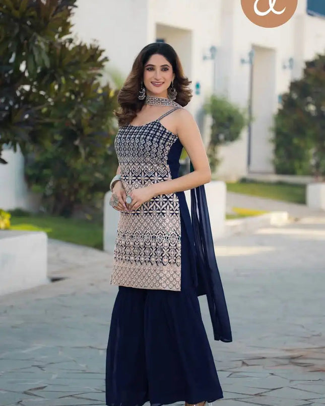 Threadthrill Vol 4 Georgette  Navy Color Plazo Kurti Sequence Embroidered Work