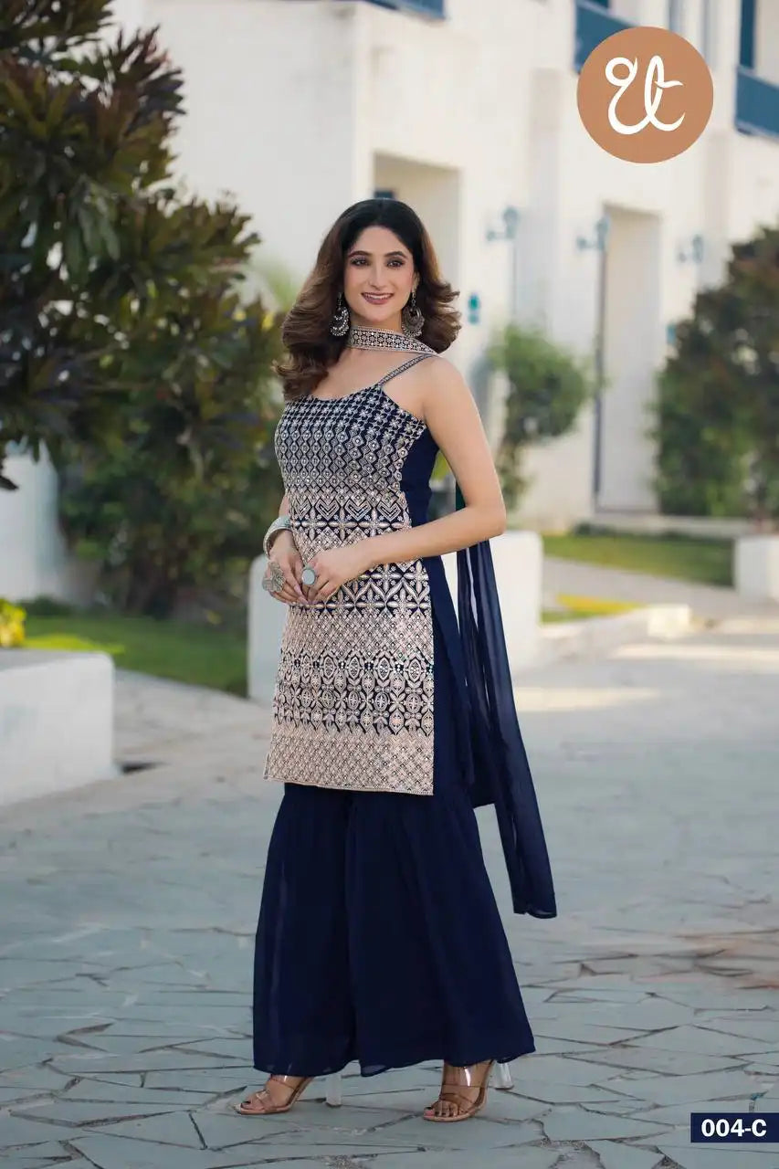 Threadthrill Vol 4 Georgette  Navy Color Plazo Kurti Sequence Embroidered Work