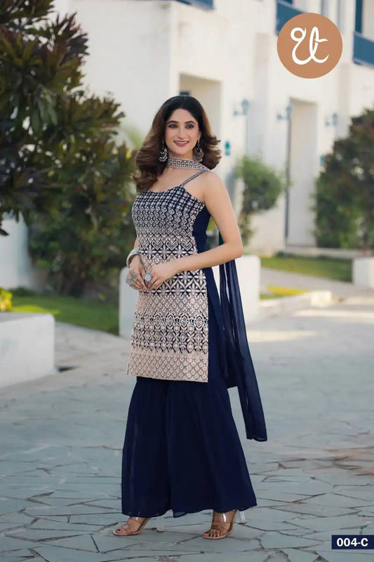 Threadthrill Vol 4 Georgette  Navy Color Plazo Kurti Sequence Embroidered Work
