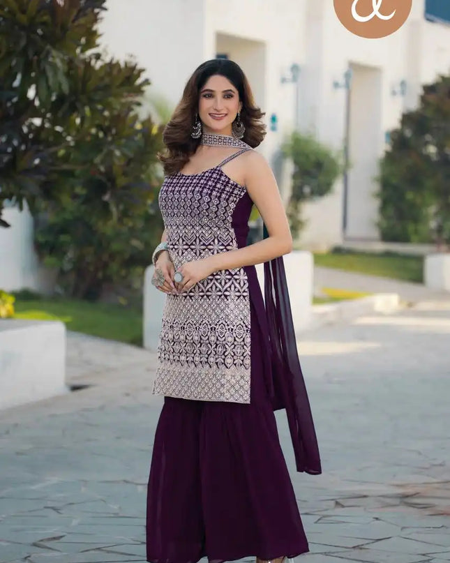 Threadthrill Vol 4 Georgette Plum Color Plazo Kurti Sequence Embroidered Work