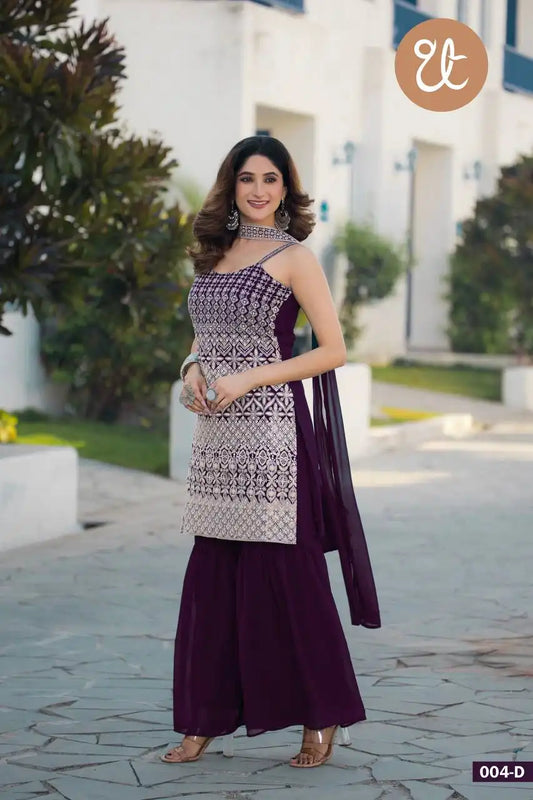 Threadthrill Vol 4 Georgette Plum Color Plazo Kurti Sequence Embroidered Work