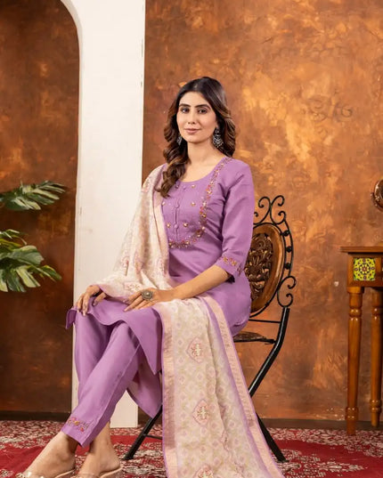 Lila 01 Marina Silk Mauve Color Kurti Pant Dupatta With Handmade Work