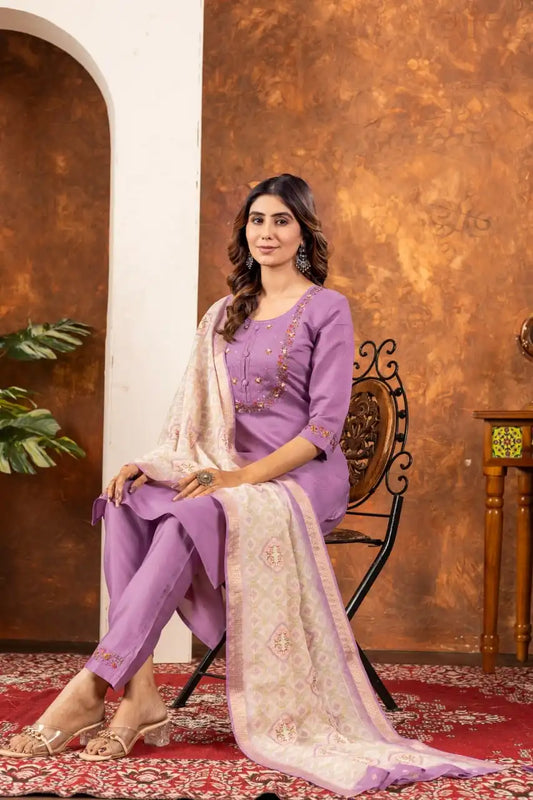 Lila 01 Marina Silk Mauve Color Kurti Pant Dupatta With Handmade Work