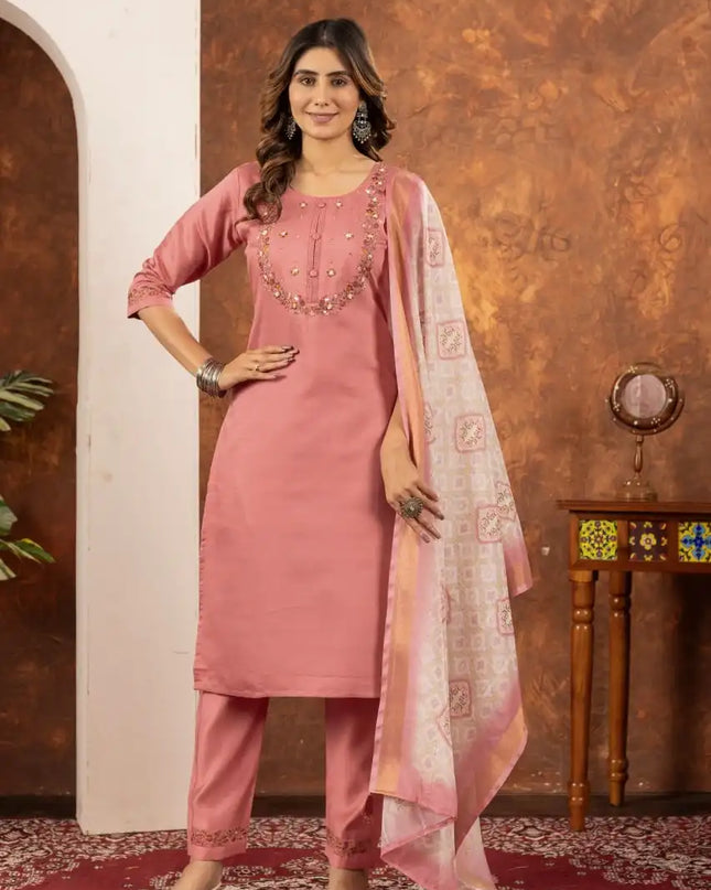 Lila 01 Marina Silk Rosewood  Color Kurti Pant Dupatta Diwali Collections