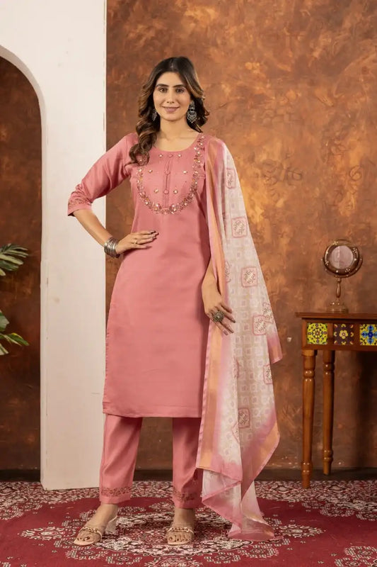 Lila 01 Marina Silk Rosewood  Color Kurti Pant Dupatta Diwali Collections