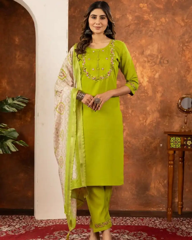 Lila 01 Marina Silk Lime Color Kurti Pant Dupatta Diwali Festival