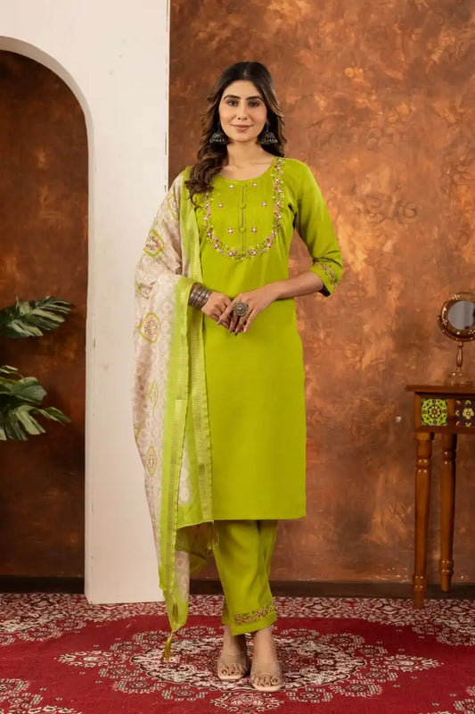 Lila 01 Marina Silk Lime Color Kurti Pant Dupatta Diwali Festival
