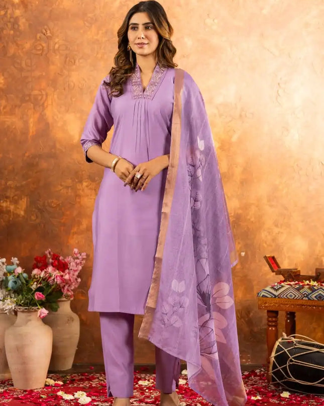 Lila 02 Amethyst Color Roman Silk Kurti Pant Dupatta Khatli Work