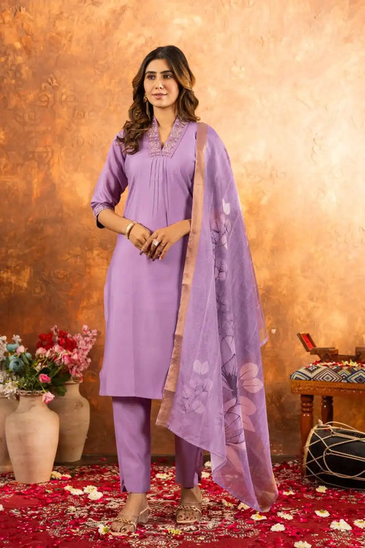 Lila 02 Amethyst Color Roman Silk Kurti Pant Dupatta Khatli Work