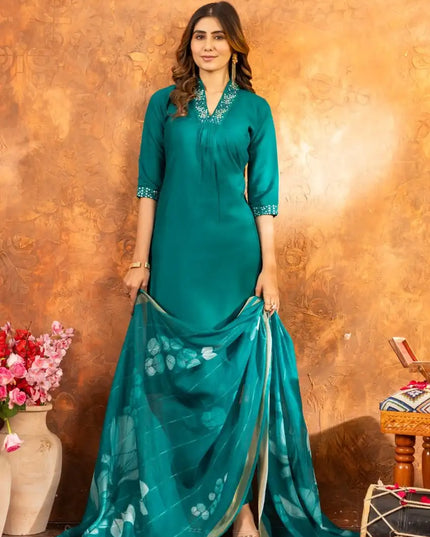 Lila 02 Cerulean Color Roman Silk Kurti Pant Dupatta Khatli Work