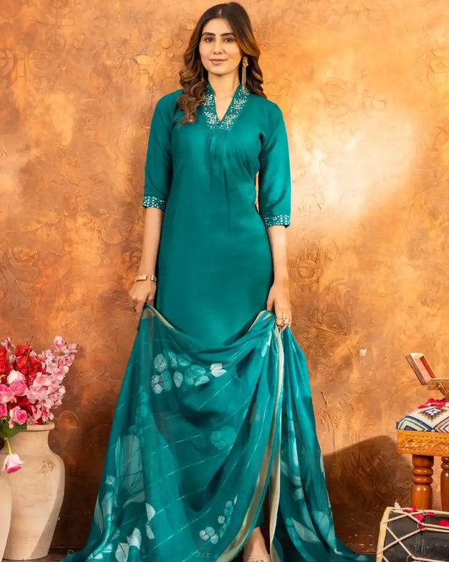 Lila 02 Cerulean Color Roman Silk Kurti Pant Dupatta Khatli Work