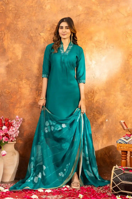 Lila 02 Cerulean Color Roman Silk Kurti Pant Dupatta Khatli Work