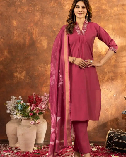 Lila 02 Rosewood Color Roman Silk Kurti Pant Dupatta Khatli Work