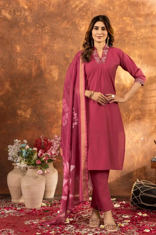 Lila 02 Rosewood Color Roman Silk Kurti Pant Dupatta Khatli Work