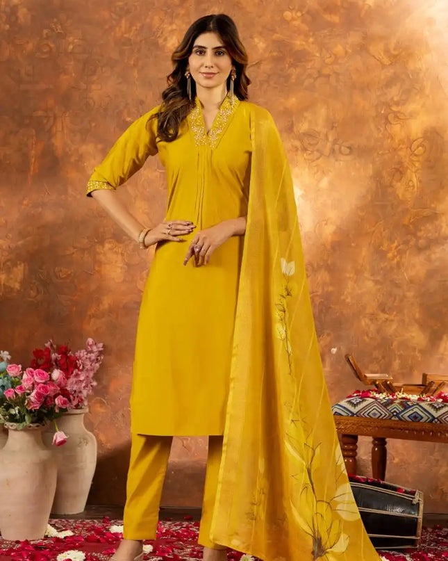 Lila 02 Yellow Color Roman Silk Kurti Pant Dupatta Khatli Work