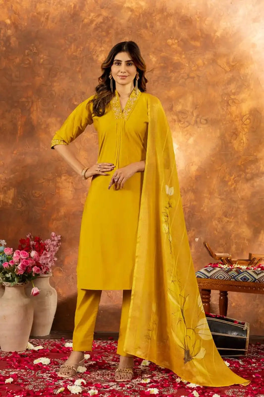 Lila 02 Yellow Color Roman Silk Kurti Pant Dupatta Khatli Work