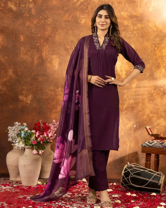 Lila 02  Color Roman Silk Kurti Pant Dupatta Khatli Work 2025