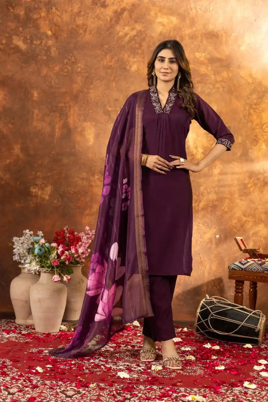 Lila 02  Color Roman Silk Kurti Pant Dupatta Khatli Work 2025