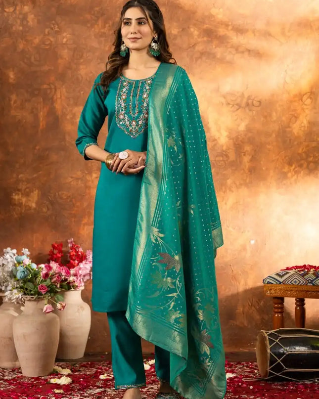 Lila 03 Marina Silk Seagreen Color Kurti Set With Multi Embroidery Work
