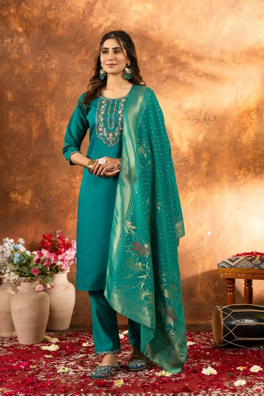 Lila 03 Marina Silk Seagreen Color Kurti Set With Multi Embroidery Work