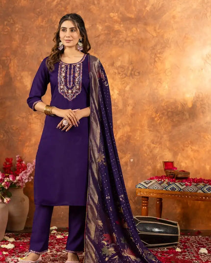 Lila 03 Marina Silk A line Kurti Set With Multi Embroidery Thread Work
