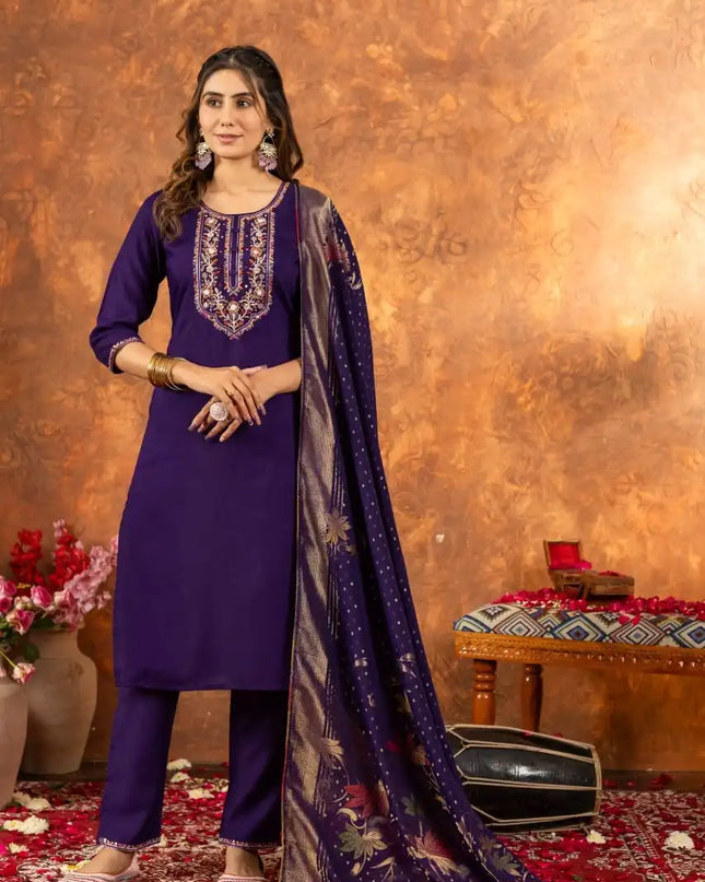 Lila 03 Marina Silk A line Kurti Set With Multi Embroidery Thread Work