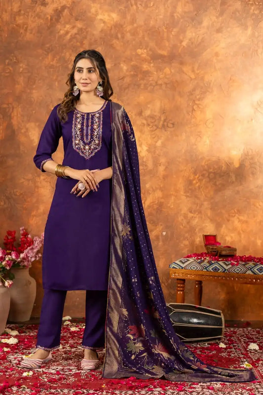Lila 03 Marina Silk A line Kurti Set With Multi Embroidery Thread Work