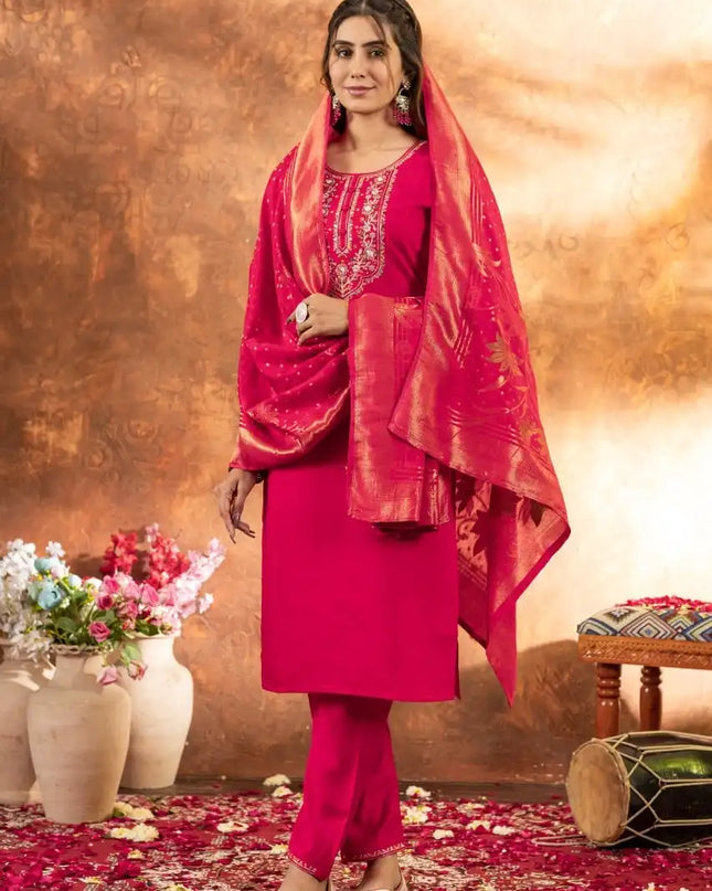 Marina Silk Ruby Color Kurti Set With Multi Thread  Work Collection