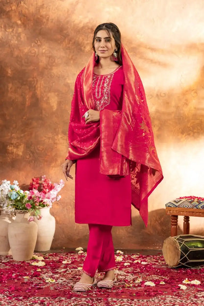 Marina Silk Ruby Color Kurti Set With Multi Thread  Work Collection