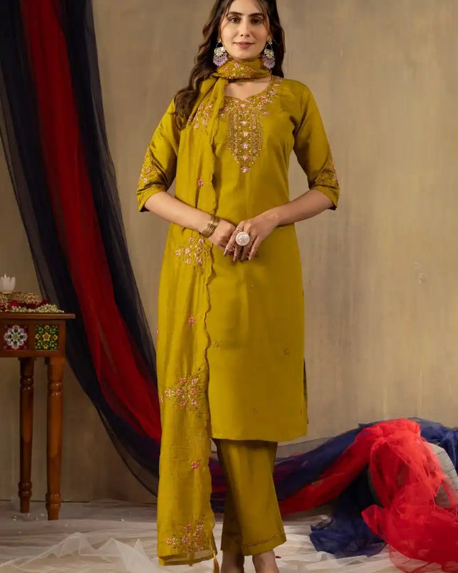 Lila 04 Roman Silk Ocher Color Readymade Design Hand Work