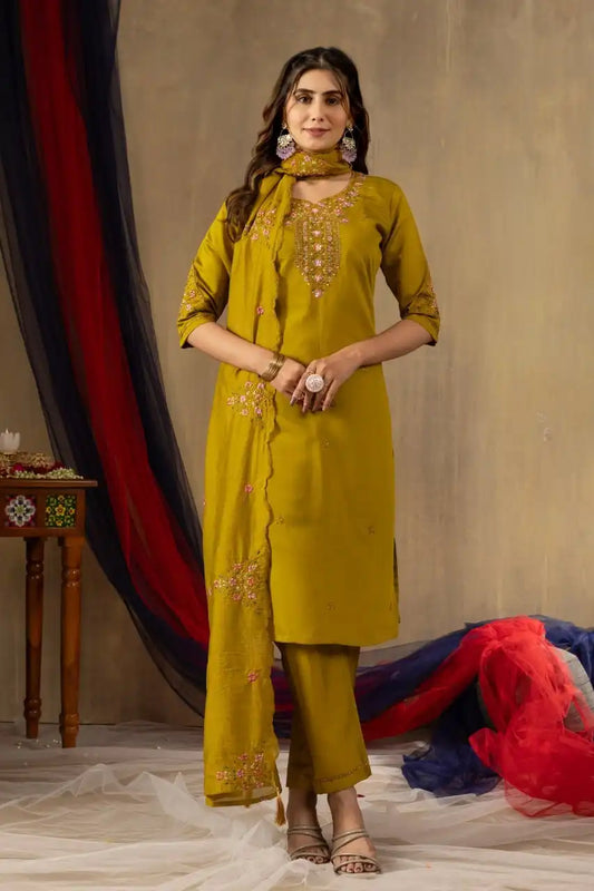 Lila 04 Roman Silk Ocher Color Readymade Design Hand Work