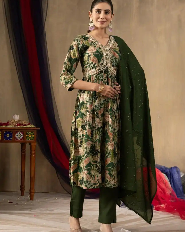 Lila 05 Modal Print 3Pc Dress With Embroidery Thread With Hand Work