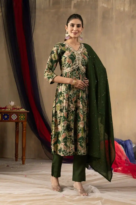 Lila 05 Modal Print 3Pc Dress With Embroidery Thread With Hand Work